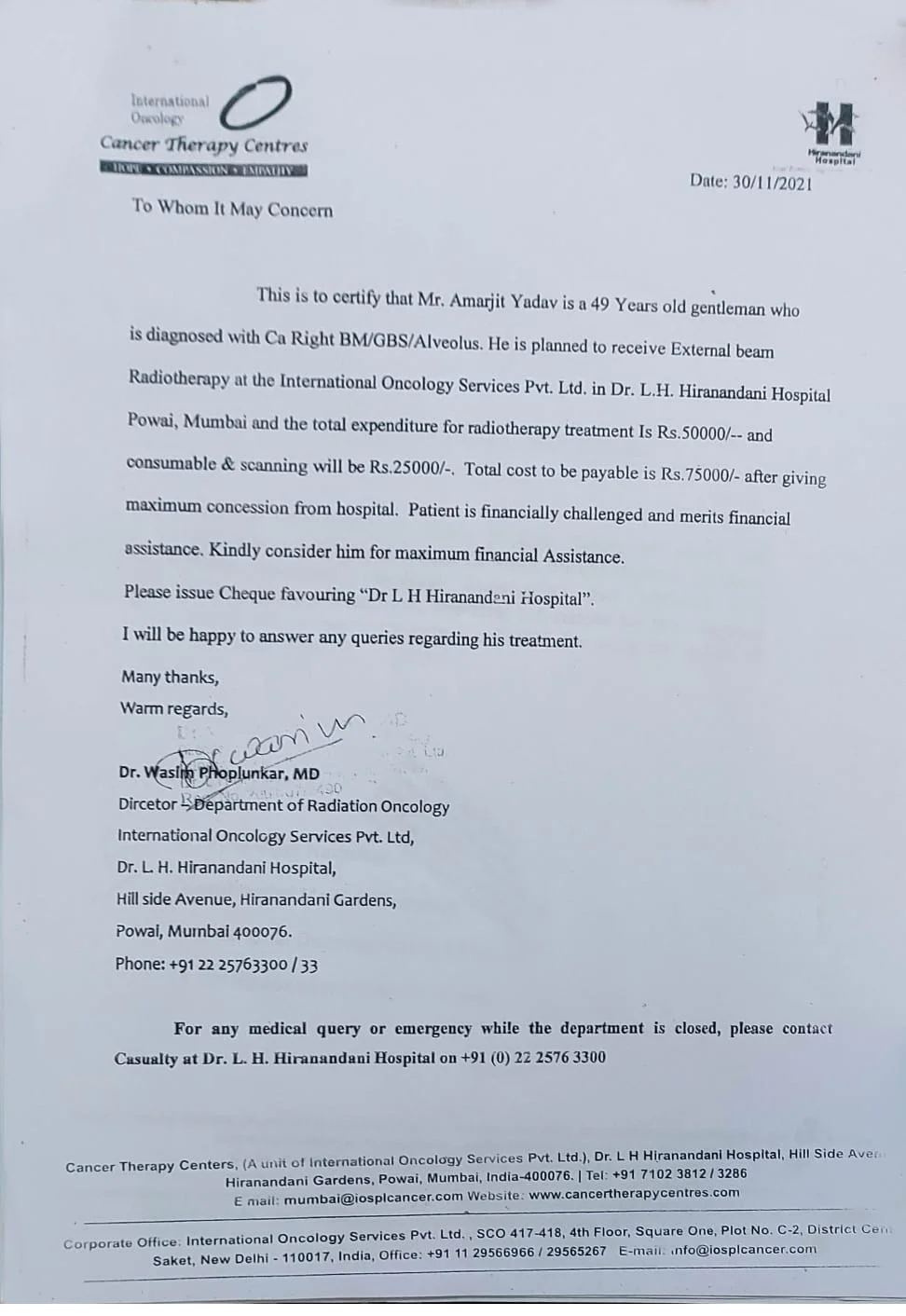 Donation directly through Dr.L.H.Hiranandani, Powai, Mumbai for BM/GBS/Alveolus